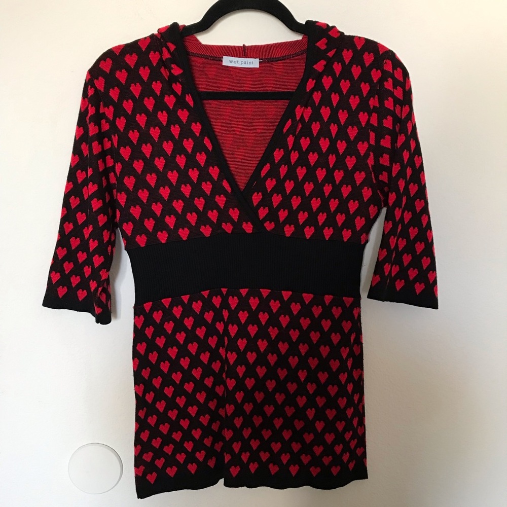 Y2K Black and Red Heart Patterned Sweater Top